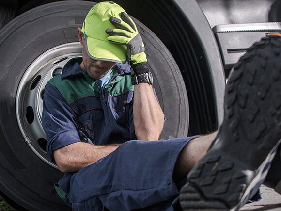 Heavy equipment technician resting beside a truck wheel.